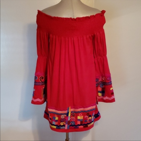 😻Anthro Vava Red Embroidered Off Shoulder Dress💖 - Picture 7 of 7